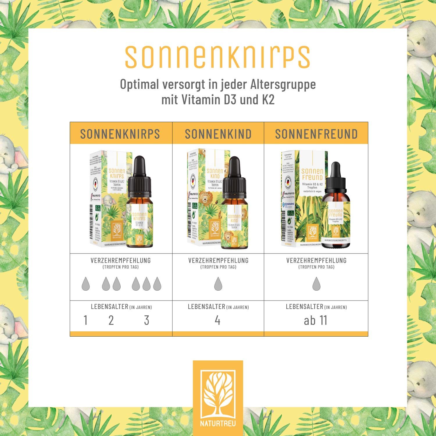 Vitamin D3 & K2 Tropfen für Kinder ab 1 - Sonnenknirps - NATURTREU®