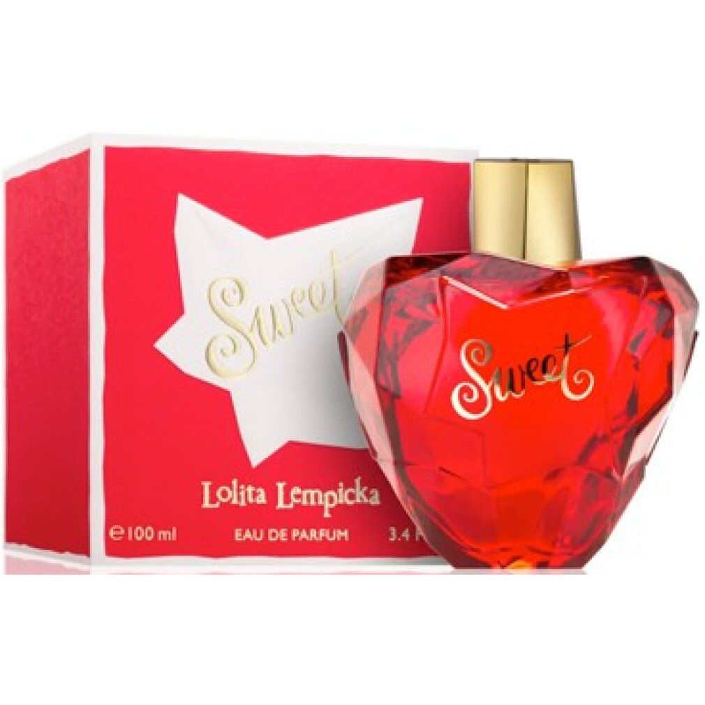Rotes Parfümflakon in Herzform neben roter Schachtel. Goldfarbener Verschluss. Aufschrift Sweet. Lolita Lempicka Eau de Parfum.