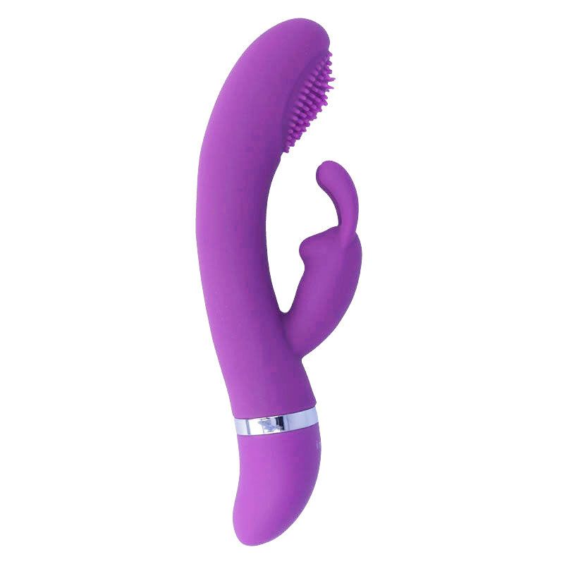 Lila Vibrator aus Silikon mit Hasenohren und geriffelter Spitze. Silberfarbener Ring am unteren Ende.