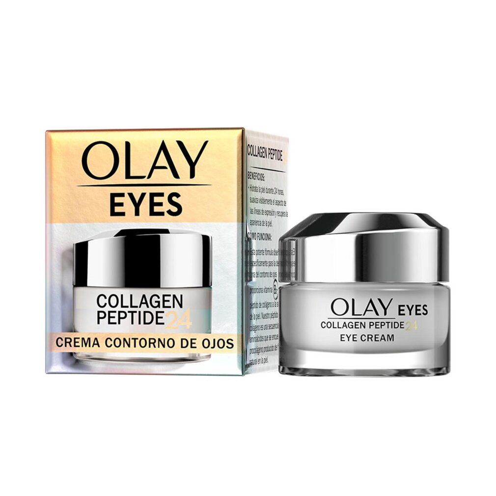 Produktverpackung und Cremebehälter. Aufschrift: Olay Eyes Collagen Peptide, Creme Contorno de Ojos.