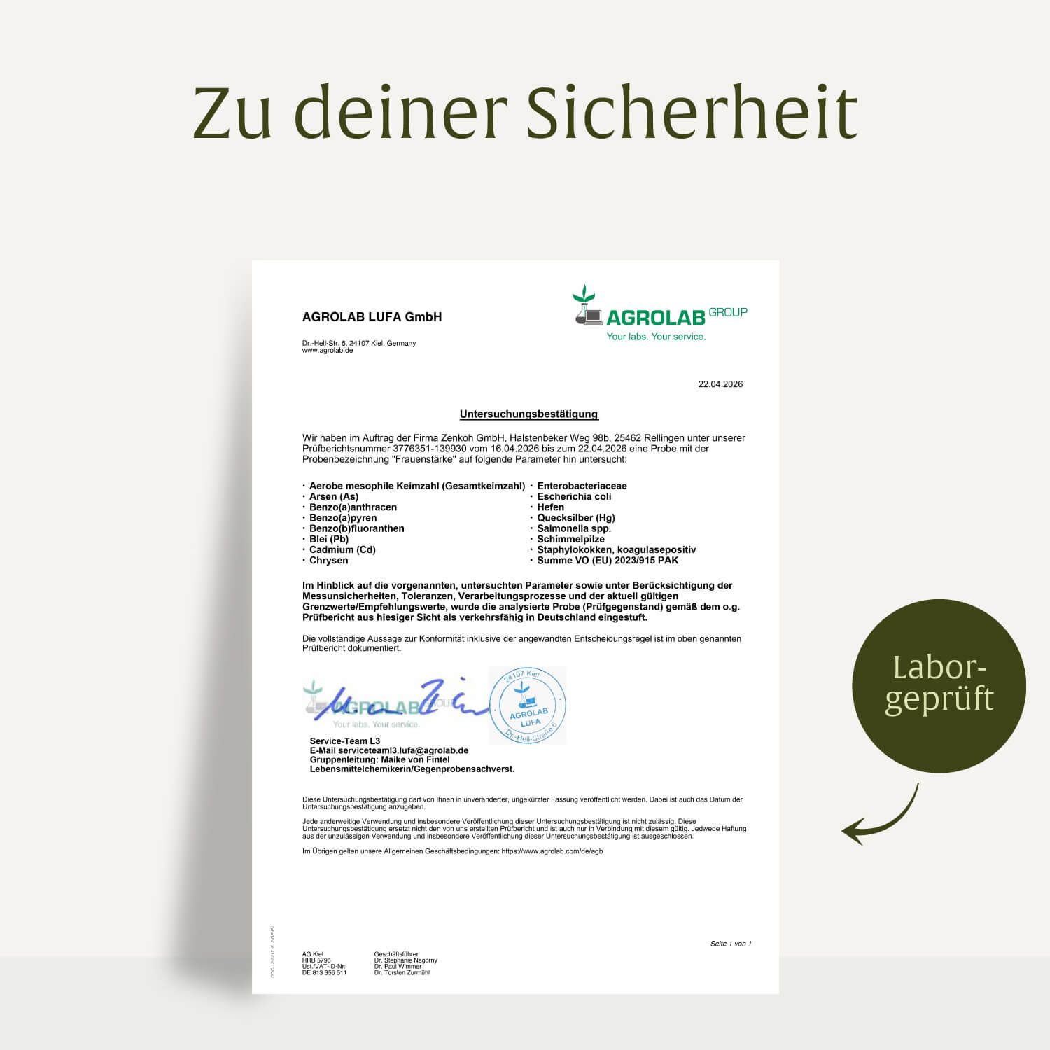 Laborbericht für das Produkt Frauenstärke, bestätigt durch AGROLAB LUFA.
