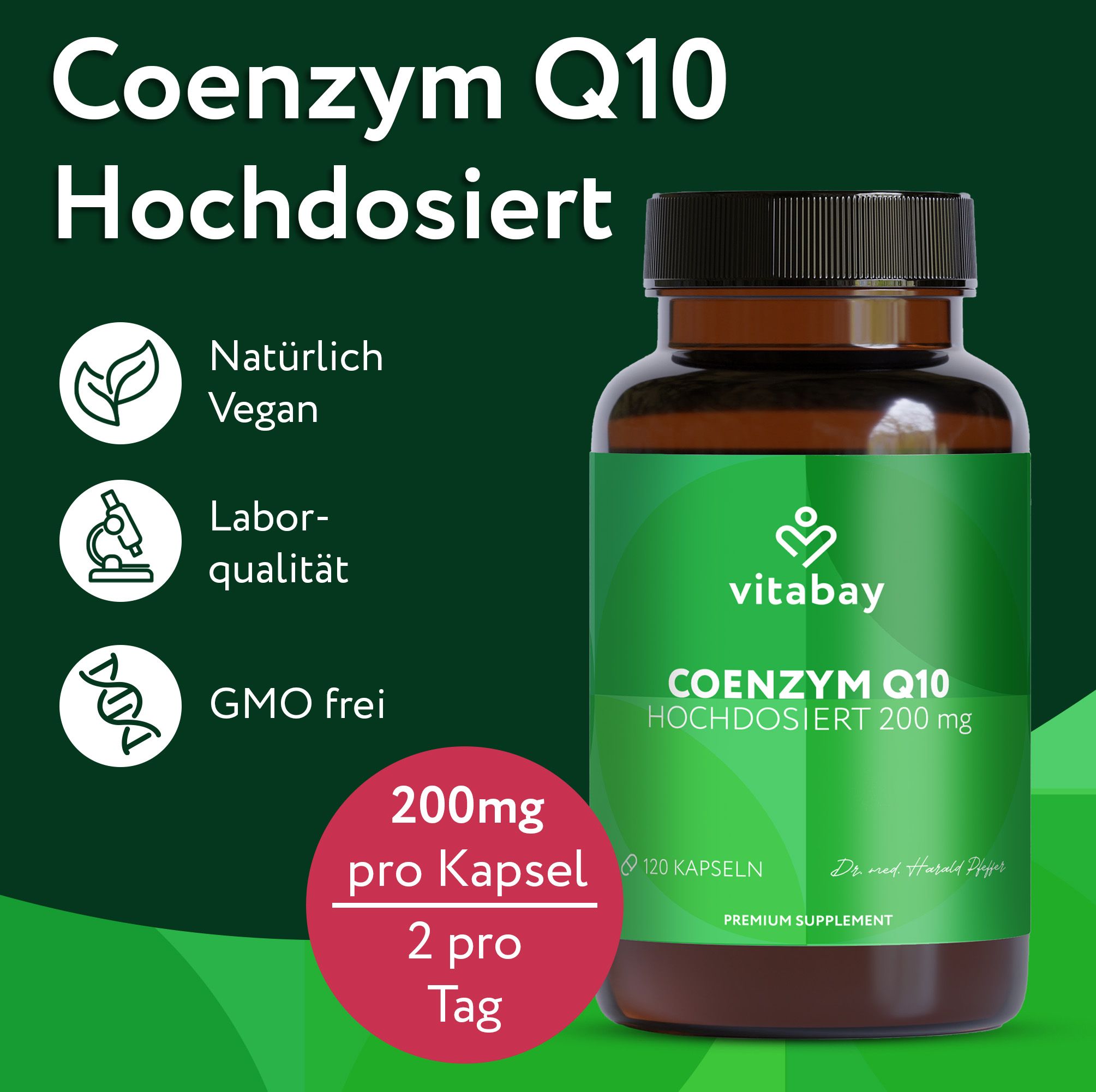 Braune Flasche mit grünem Etikett. Text: Coenzym Q10, hochdosiert, 200mg. 200mg pro Kapsel. 2 pro Tag.