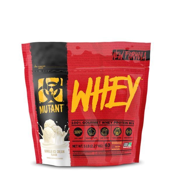 Rote und schwarze Whey-Proteinpulver-Verpackung. Aufschrift "WHEY" und "MUTANT". Enthält 5,1 lbs (2,27 kg).