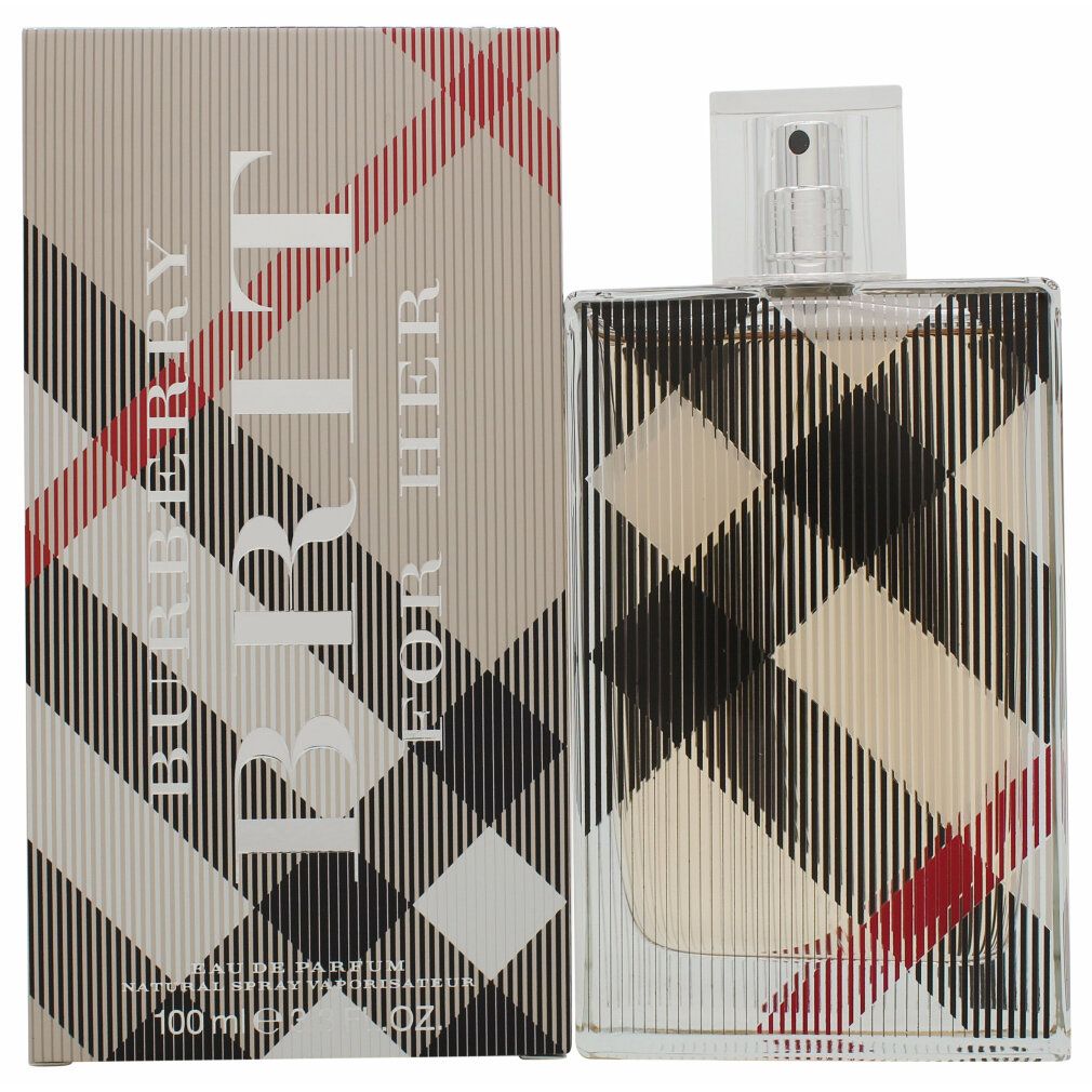 Parfümflakon und Verpackung. Rechteckige Form mit Karomuster. Schriftzug Burberry Brit for Her.