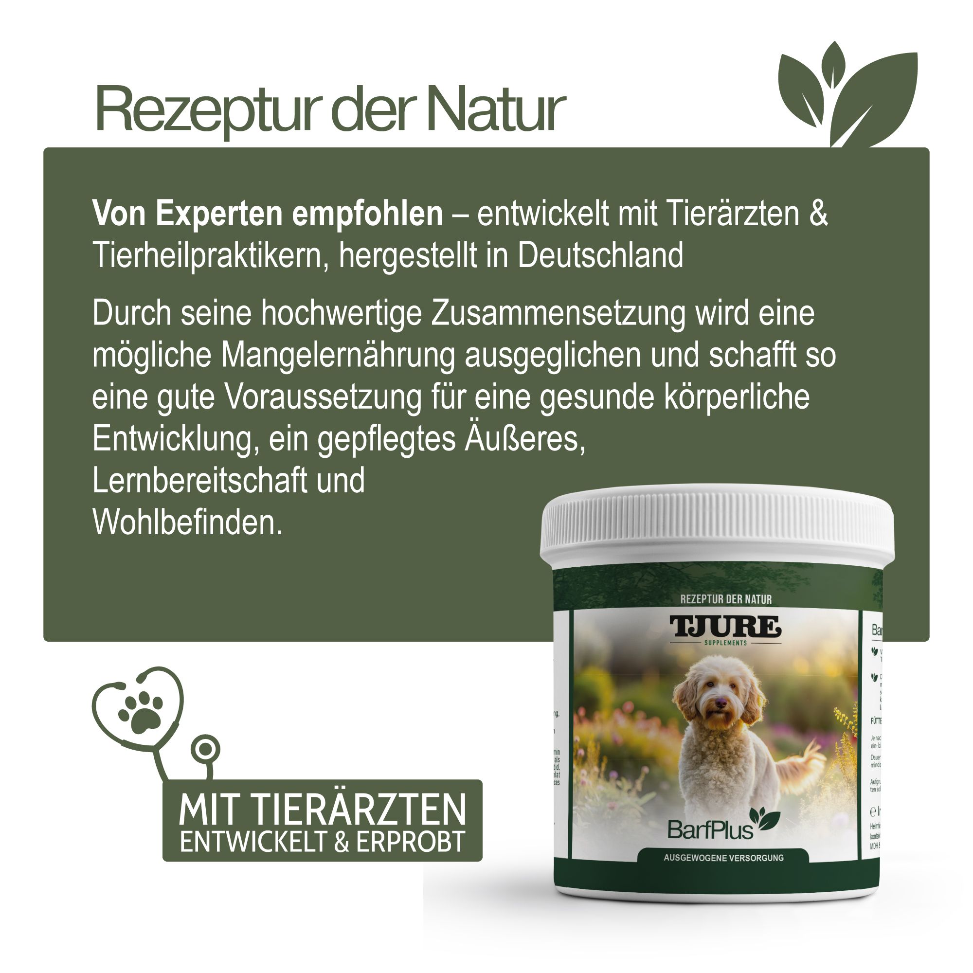 Tjure Hund Barf Plus-Behälter. Text: Von Experten empfohlen. Mit Tierärzten entwickelt. Hergestellt in Deutschland.