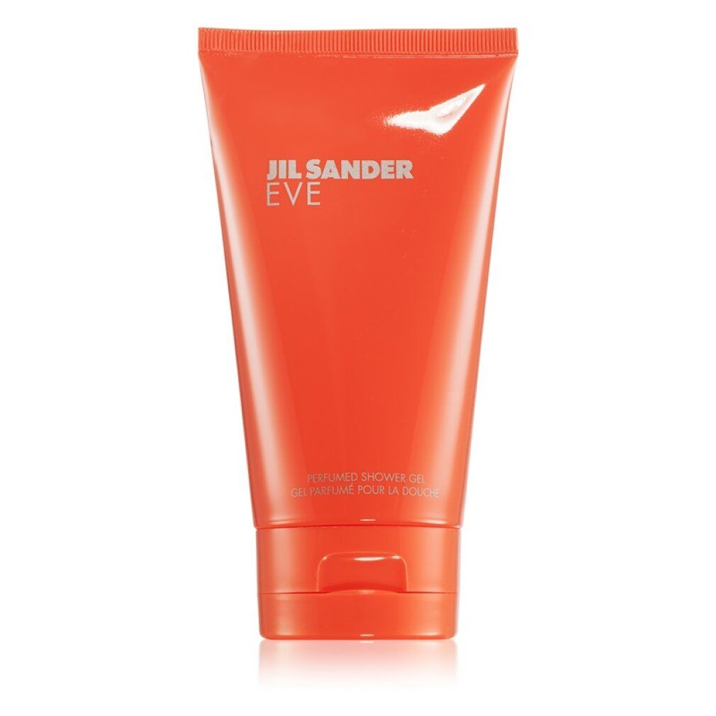 Orangefarbene Tube mit silbernem Schriftzug JIL SANDER EVE. Darunter: PERFUMED SHOWER GEL, GEL PARFUMÉ POUR LA DOUCHE.