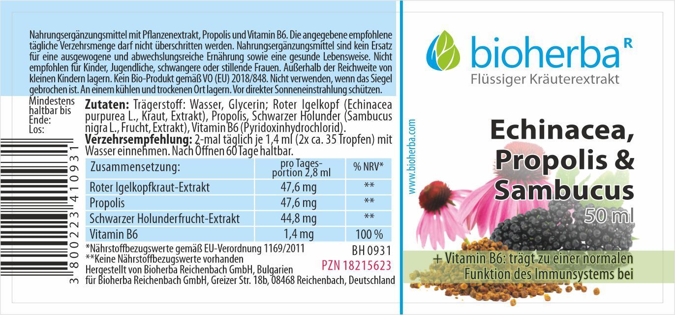 Etikett mit Produktnamen, Logo, Inhaltsstoffen und Nährwertangaben. Enthält Illustrationen von Blüten und Beeren.