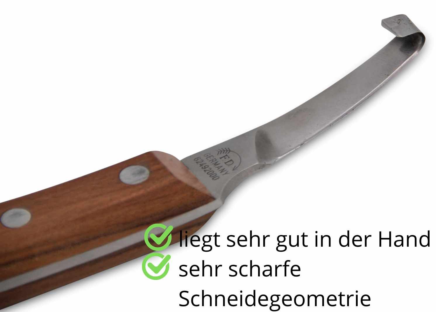 Hufmesser mit Holzgriff. Text: 'liegt sehr gut in der Hand', 'sehr scharfe Schneidegeometrie'.