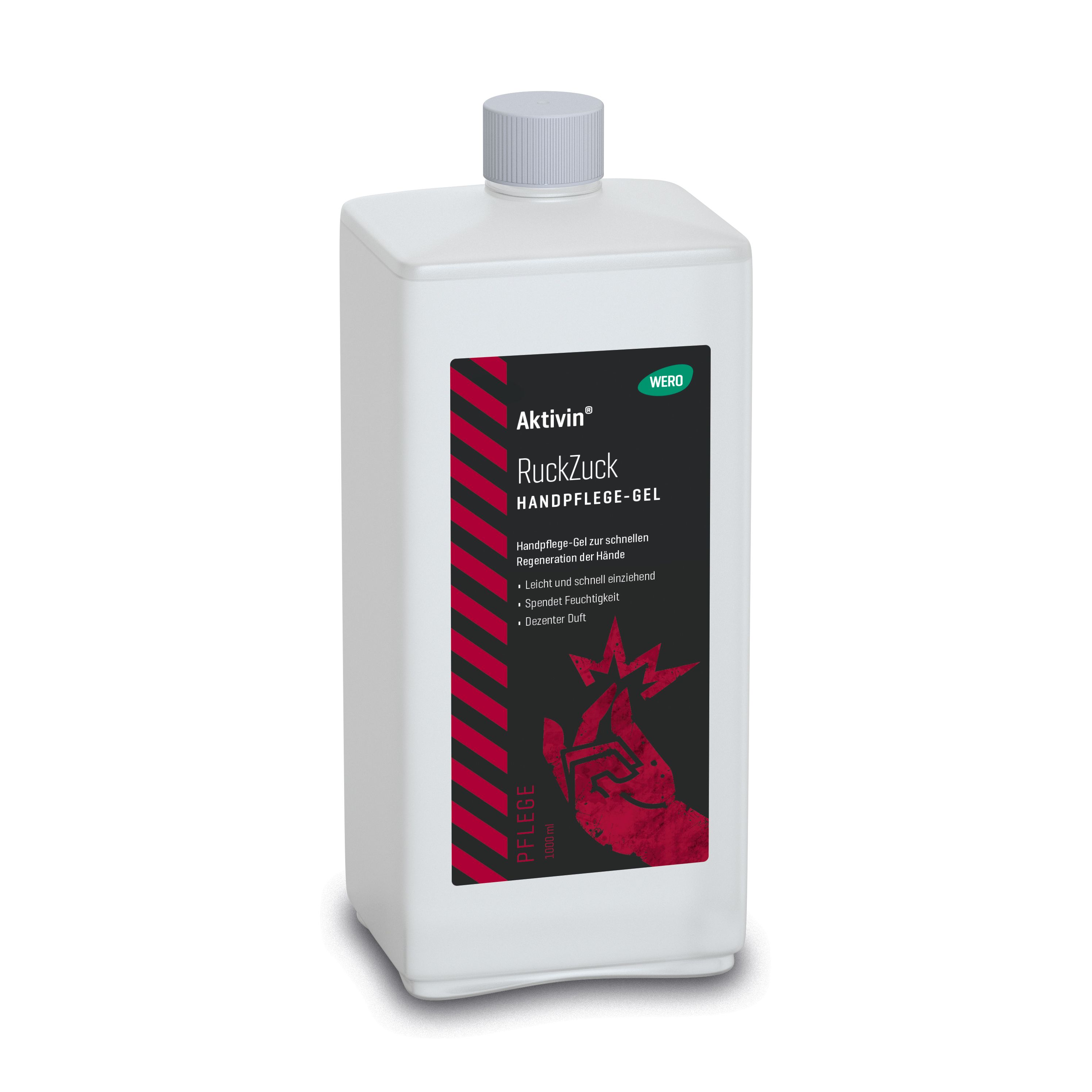 Weiße Flasche mit Aktivin RuckZuck Handpflege-Gel Etikett. Enthält eine rote Handgrafik.
