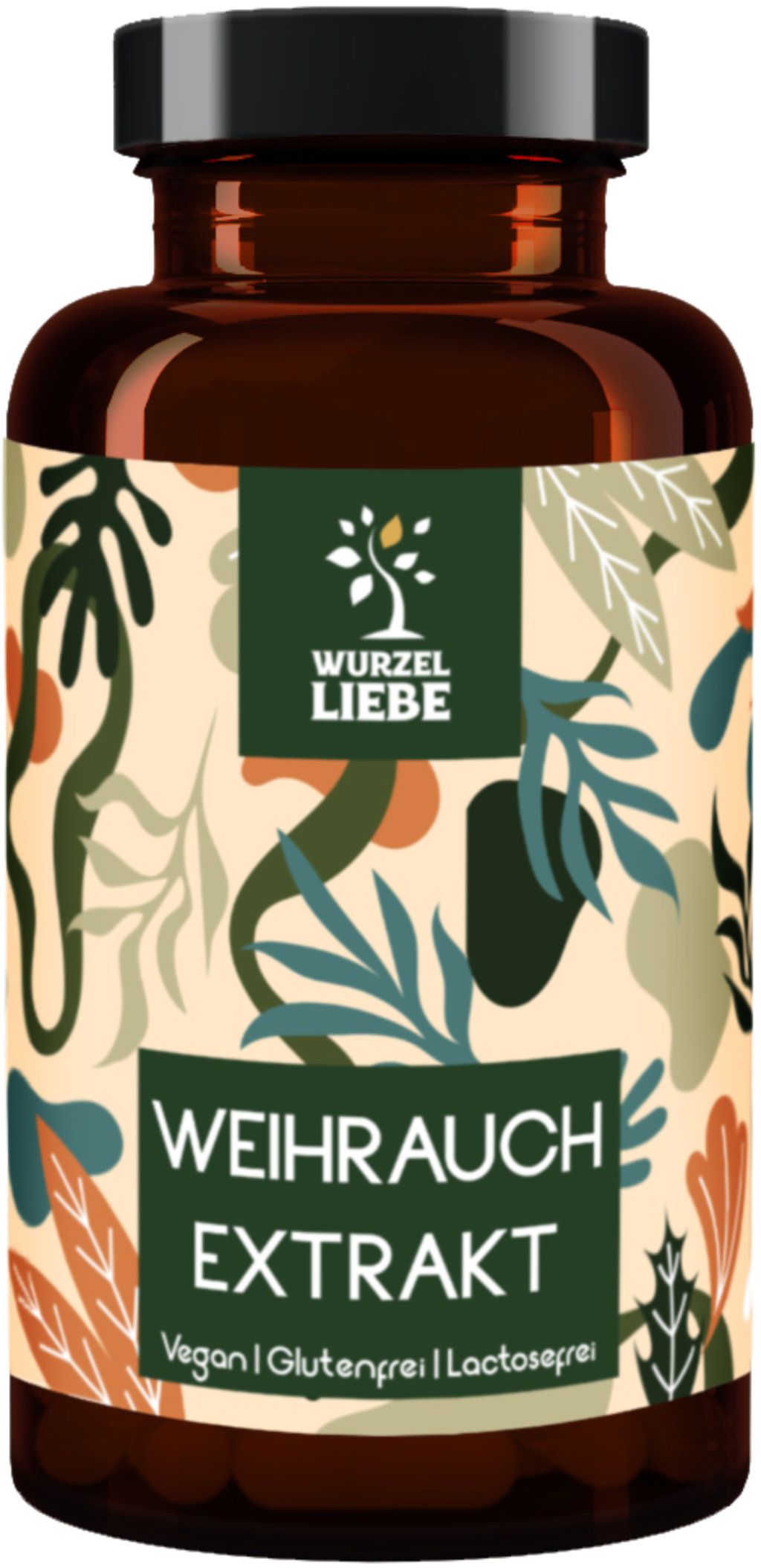 Braune Glasflasche mit Kapseln. Aufschrift: WURZELLIEBE Weihrauch Extrakt. Vegan, glutenfrei, laktosefrei. Hintergrund mit Blättern.