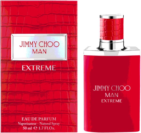 Rotes Parfümflakon und Verpackung. Aufschrift: JIMMY CHOO MAN EXTREME. Eau de Parfum. 50 ml.