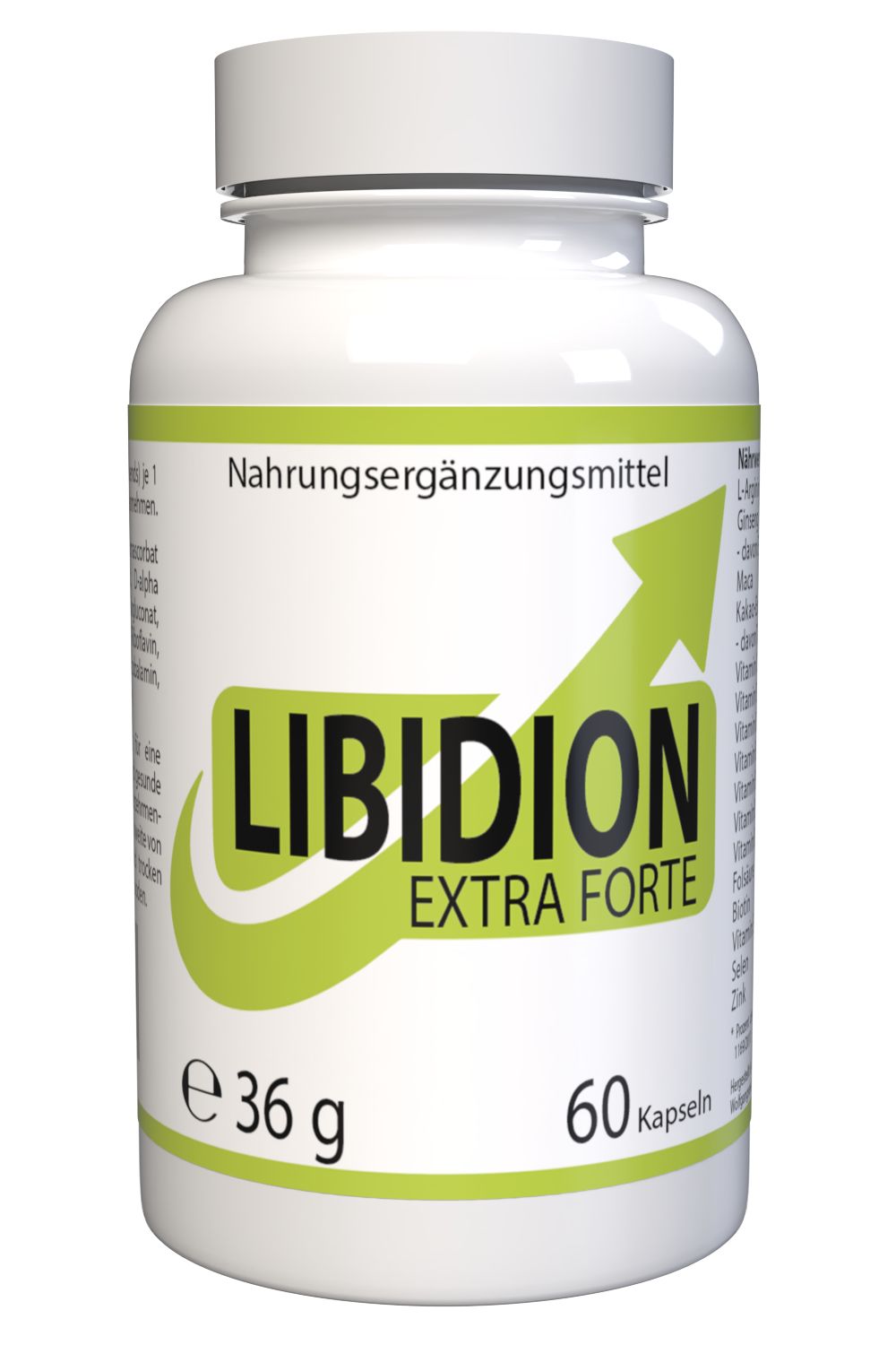 Weiße Flasche mit grünem Etikett. Aufschrift: LIBIDION EXTRA FORTE. Enthält 60 Kapseln. Nahrungsergänzungsmittel.