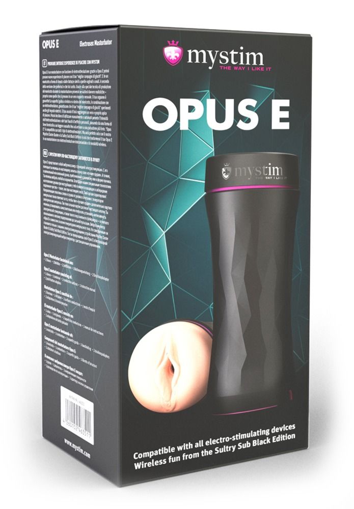 Verpackung mit Produkt und anatomisch geformter Öffnung. Text: 'OPUS E' und 'mystim'.