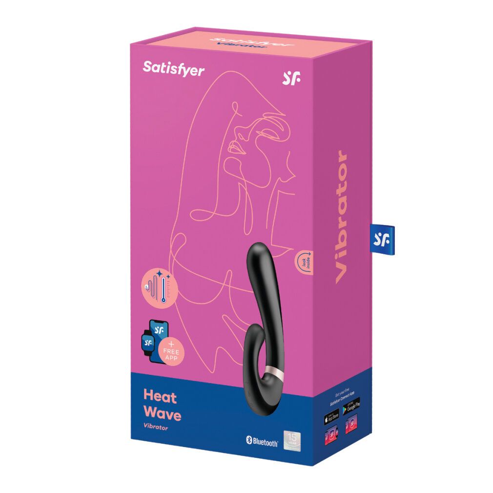 Schwarzer Vibrator mit Verpackung. Verpackung mit Produktabbildung, Schriftzug "Satisfyer", "Heat Wave" und App-Logo.