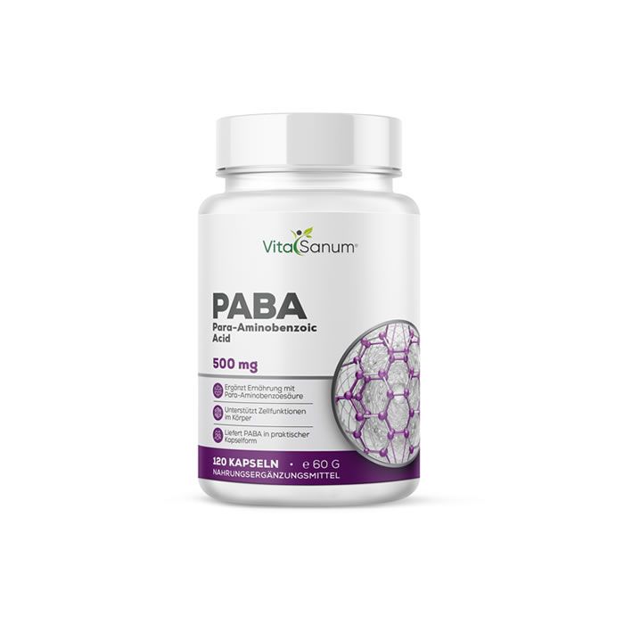 Weiße Flasche mit Etikett. Aufschrift: VitaSanum PABA Para-Aminobenzoesäure 500 mg. 120 Kapseln. Nahrungsergänzungsmittel. Lila Akzent.