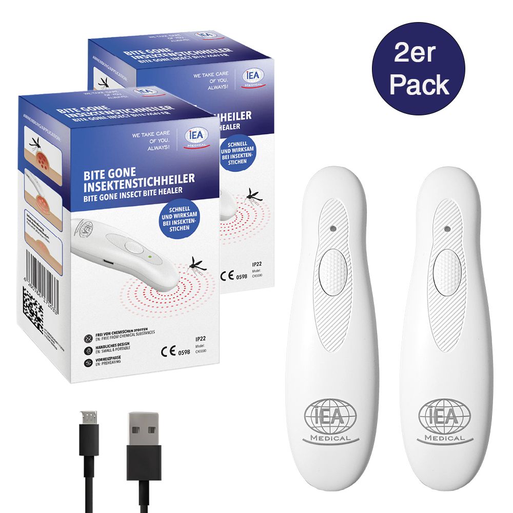 IEA Medical Insektenstichheiler Doppelpack mit USB-C Kabeln und Verpackung.