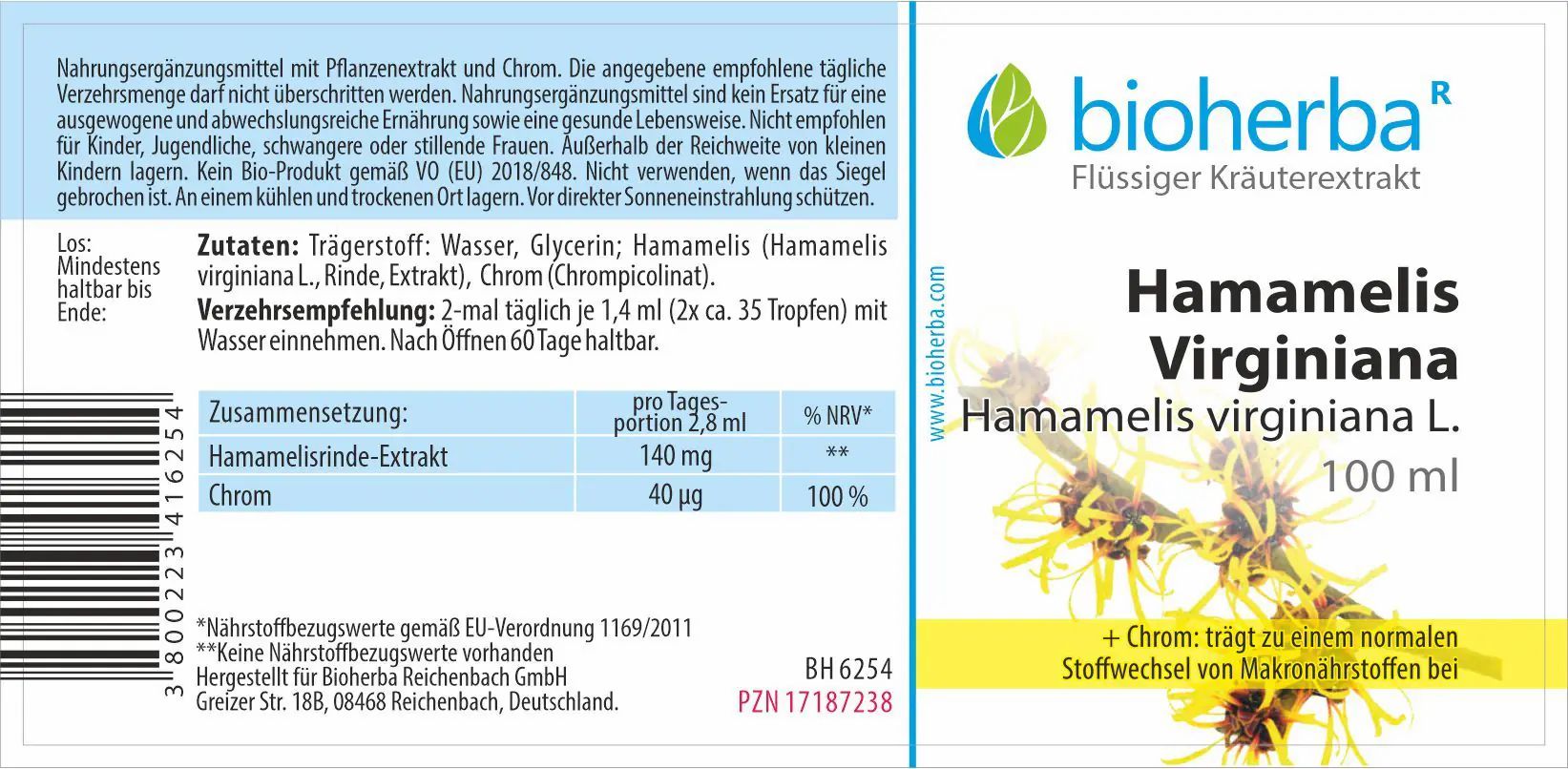 Etikett mit Produktinformationen. "bioherba" und "Hamamelis Virginiana" lesbar. Enthält Informationen zu Inhaltsstoffen und Dosierung.