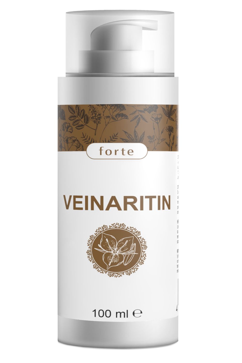 Creme-Flasche mit Pumpe. Aufschrift: Veinaritin, 100 ml. Braunes Etikett mit floralem Muster. Weißer Hintergrund.