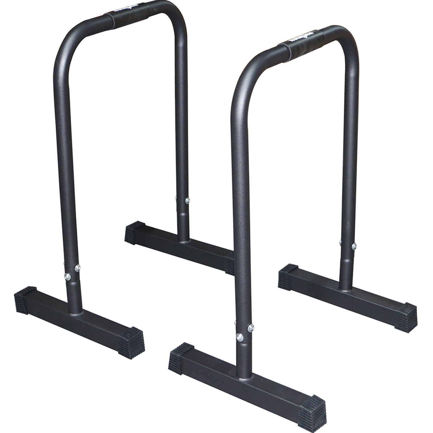 Zwei schwarze Dip-Bars aus Metall. Jede Bar hat eine horizontale Basis und zwei vertikale Griffe, die sich nach oben biegen.