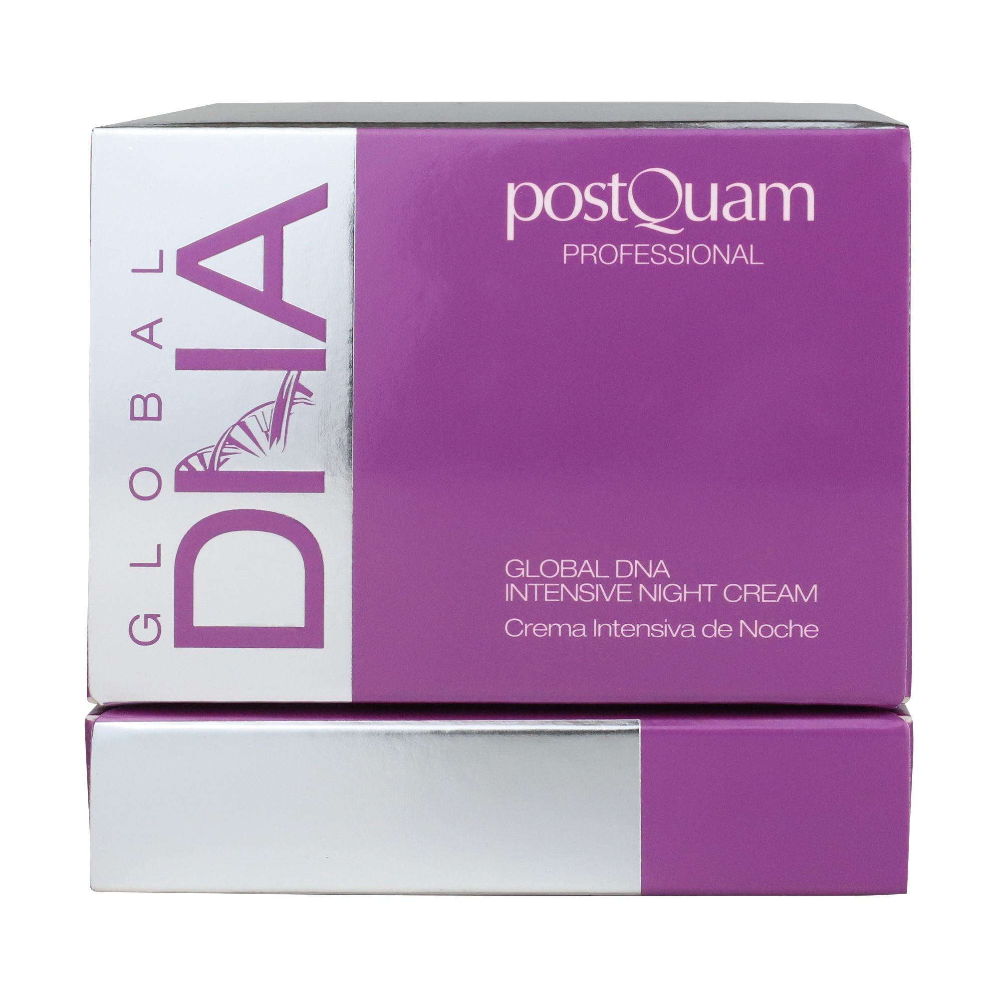 Verpackung mit Aufschrift: Postquam Global DNA Intensive Night Cream. Lila und silberne Box mit Produktinformationen.