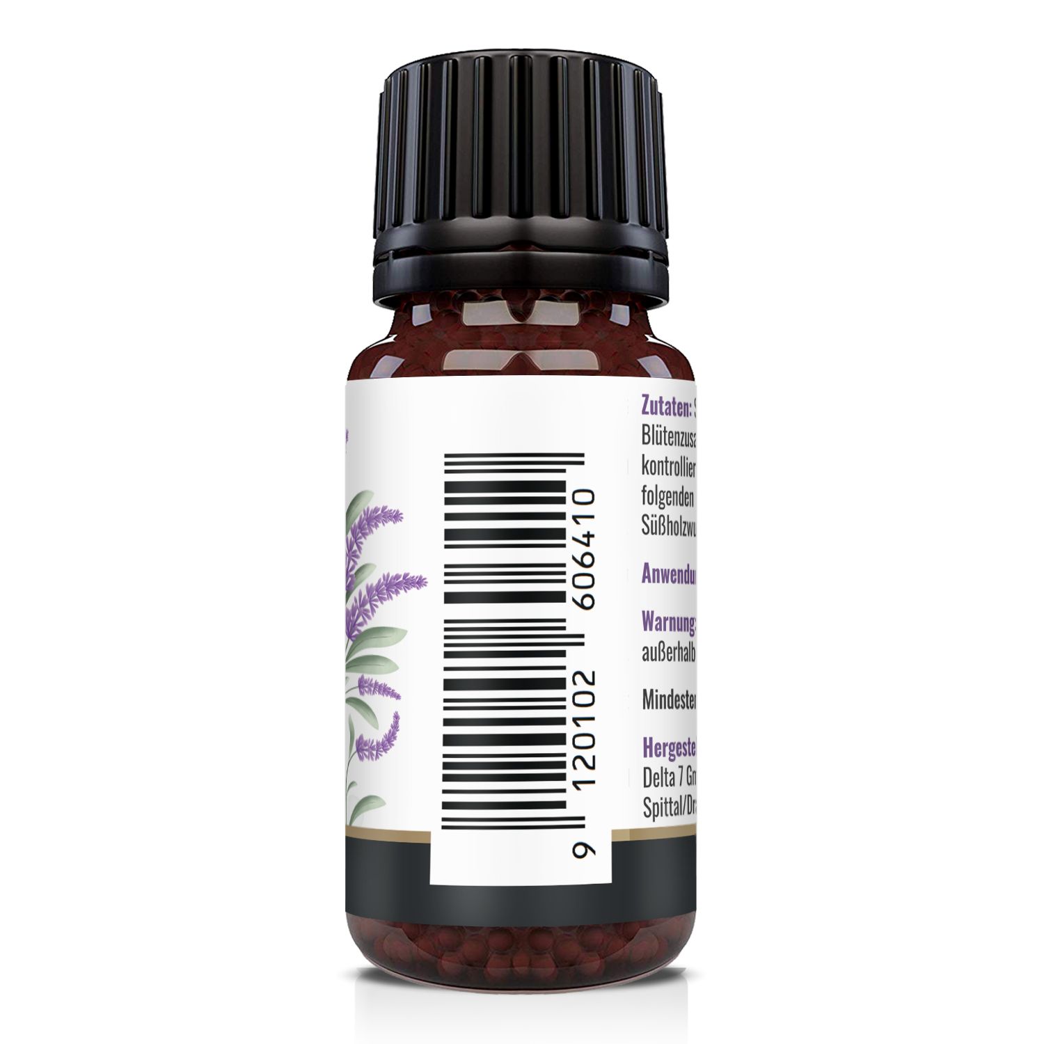Rückseite einer braunen Glasflasche mit schwarzem Deckel. Etikett mit Barcode und floraler Illustration.