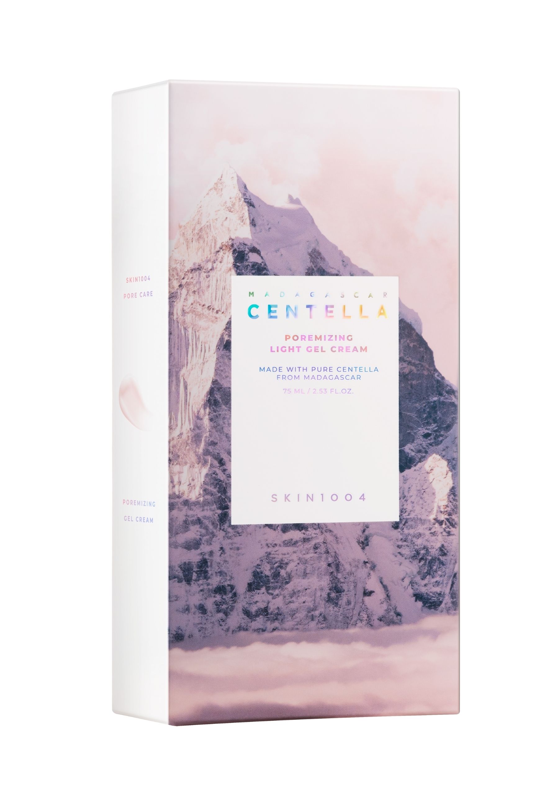 Verpackung mit Bergmotiv. Aufschrift: MADAGASCAR CENTELLA Poremizing Light Gel Cream. Marke SKIN1004.