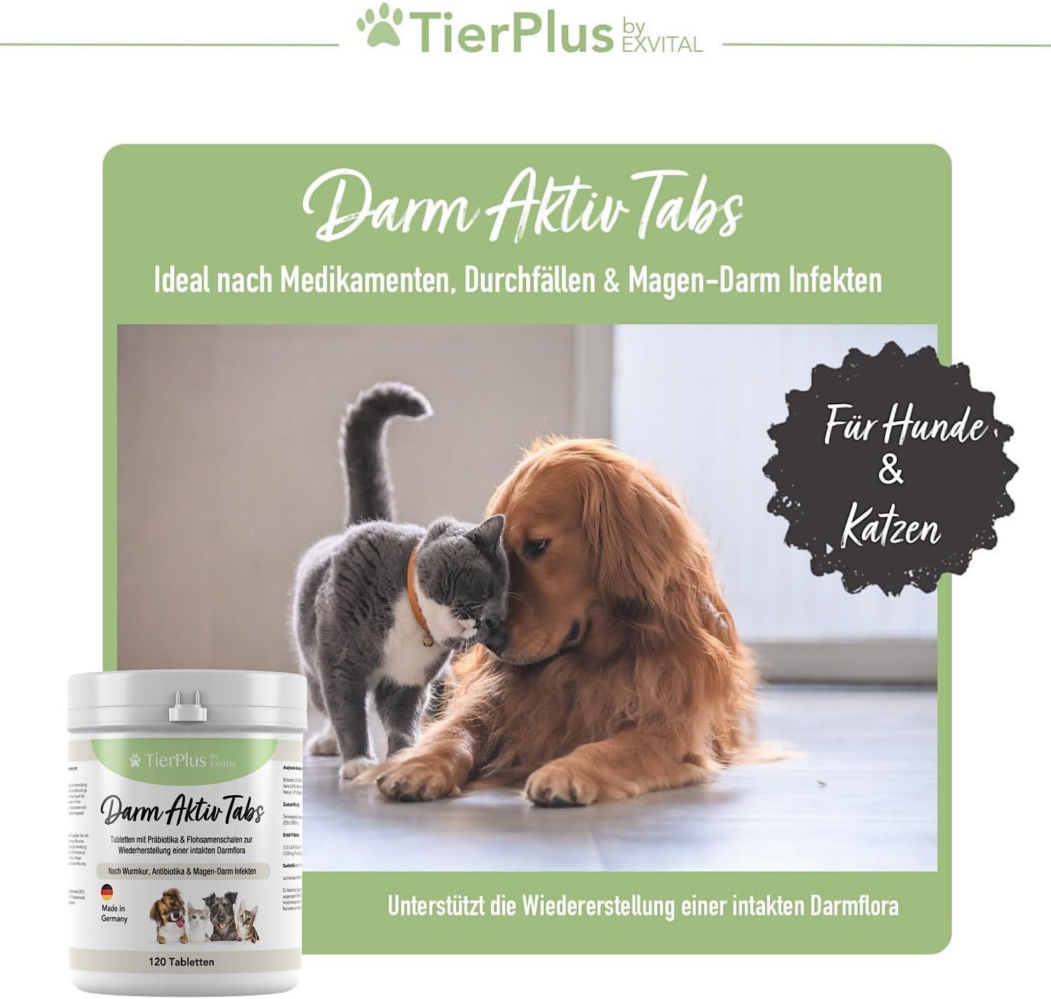 Produktverpackung mit Tabletten. Hunde und Katze kuscheln. Aufschrift: Darm Aktiv Tabs.