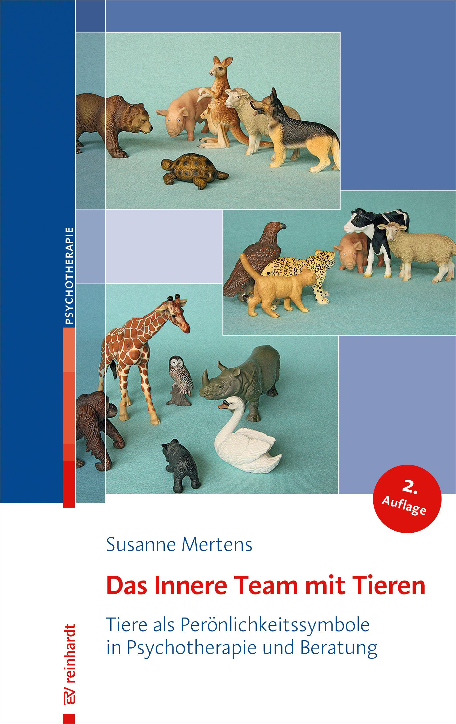 Buchcover: "Das Innere Team mit Tieren". Titel, Autorin und Untertitel. Illustrationen von Tierfiguren. 2. Auflage.