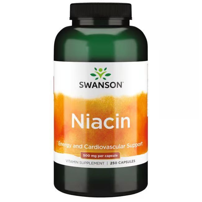Grüne Flasche mit schwarzem Deckel. Weißes Etikett mit SWANSON, Niacin, 500 mg pro Kapsel, 250 Kapseln.