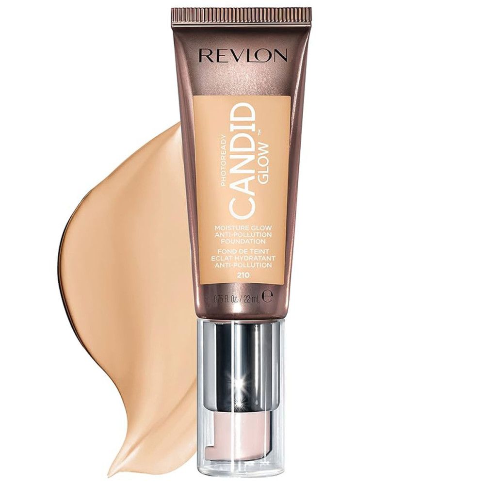 Revlon PhotoReady Candid Glow Foundation. Tube mit Produkt und Farbklecks. Text: Candid Glow, Anti-Verschmutzung, 210.