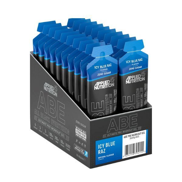 Verpackung mit 20 ABE Pre-Workout Gel-Beuteln. Blaue Beutel mit Aufdruck, in schwarzem Karton. Aufdruck: Applied Nutrition, Icy Blue Raz, Zero Sugar.