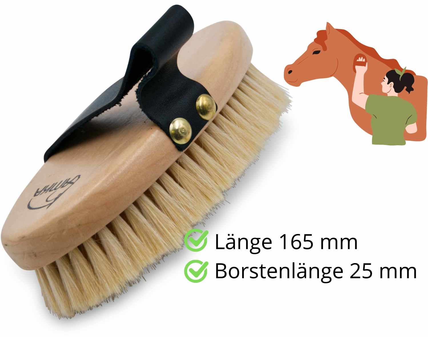 AMKA Classicbürste. Ovale Bürste mit hellen Borsten, Holzrücken, schwarzer Lederschlaufe. Maße: 165mm Länge, 25mm Borsten.