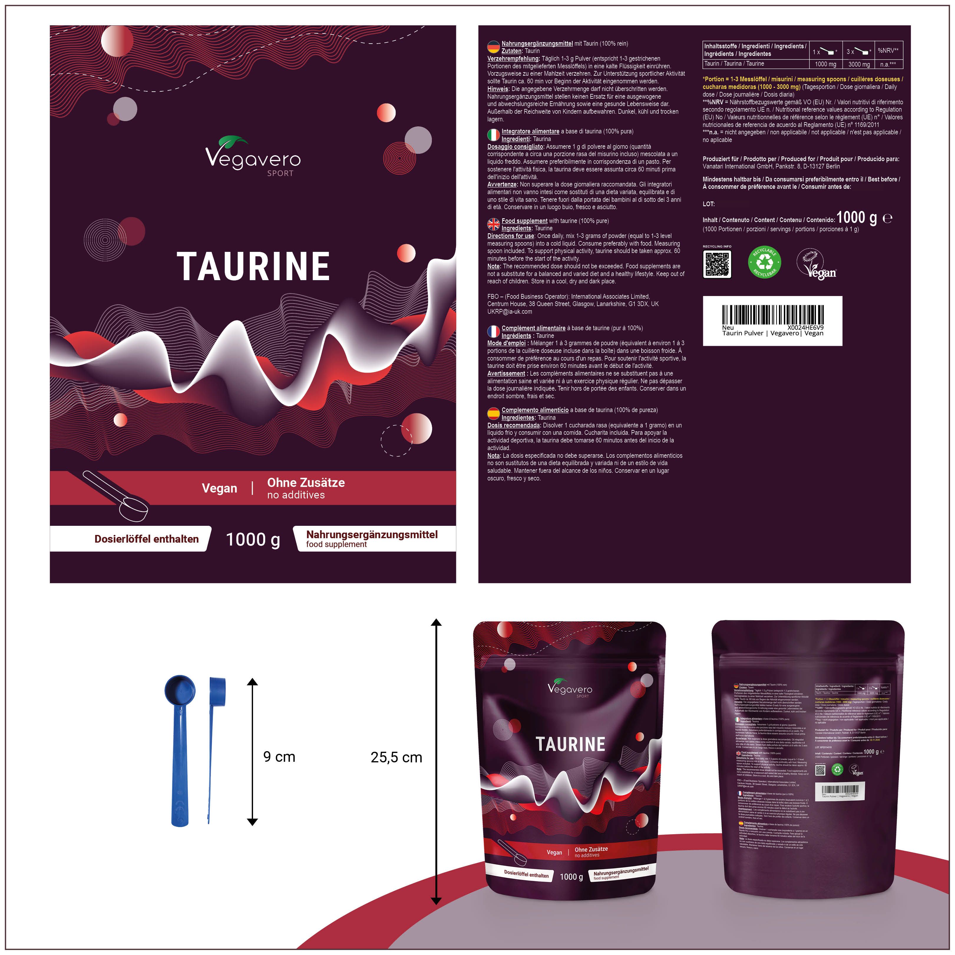 Produktverpackung mit VEGAVERO Taurin Pulver. Aufschrift: TAURINE, 1000 g. Inklusive Messlöffel. Abmessungen: 25,5 cm hoch, 9 cm breit.