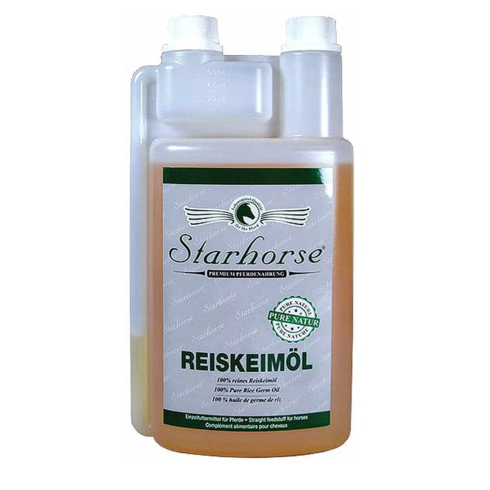 Flasche mit Starhorse Reiskeimöl. Etikett mit Produktname und Logo. "Pure Natur" Siegel.