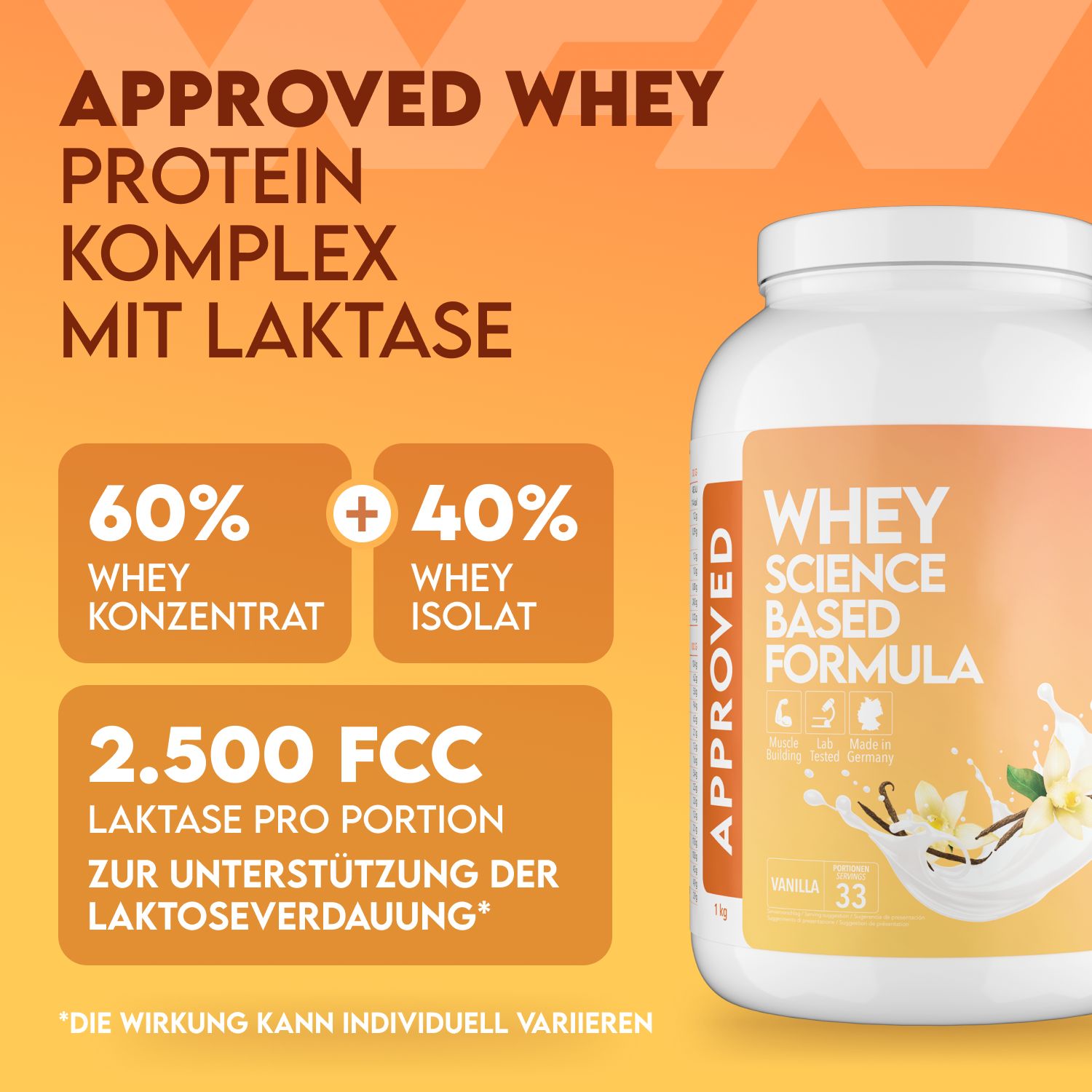Whey-Proteinpulver-Dose. Aufschrift: APPROVED WHEY. 60% Whey-Konzentrat, 40% Whey-Isolat. 2.500 FCC Laktase pro Portion.