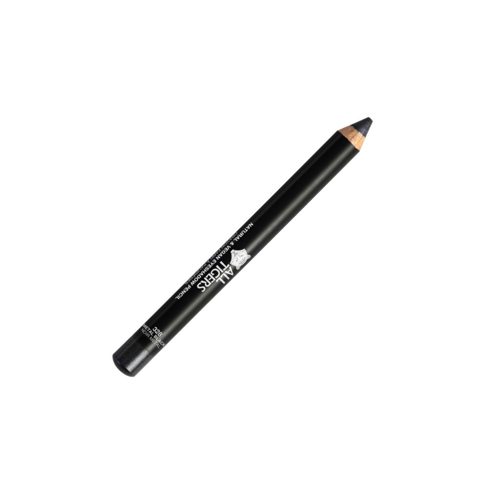Schwarzer Augenstift, ALL TIGERS, mit Text. Natürliches & veganes Augen-Make-up. Schwarze Hülse, Spitze. Aufschrift.