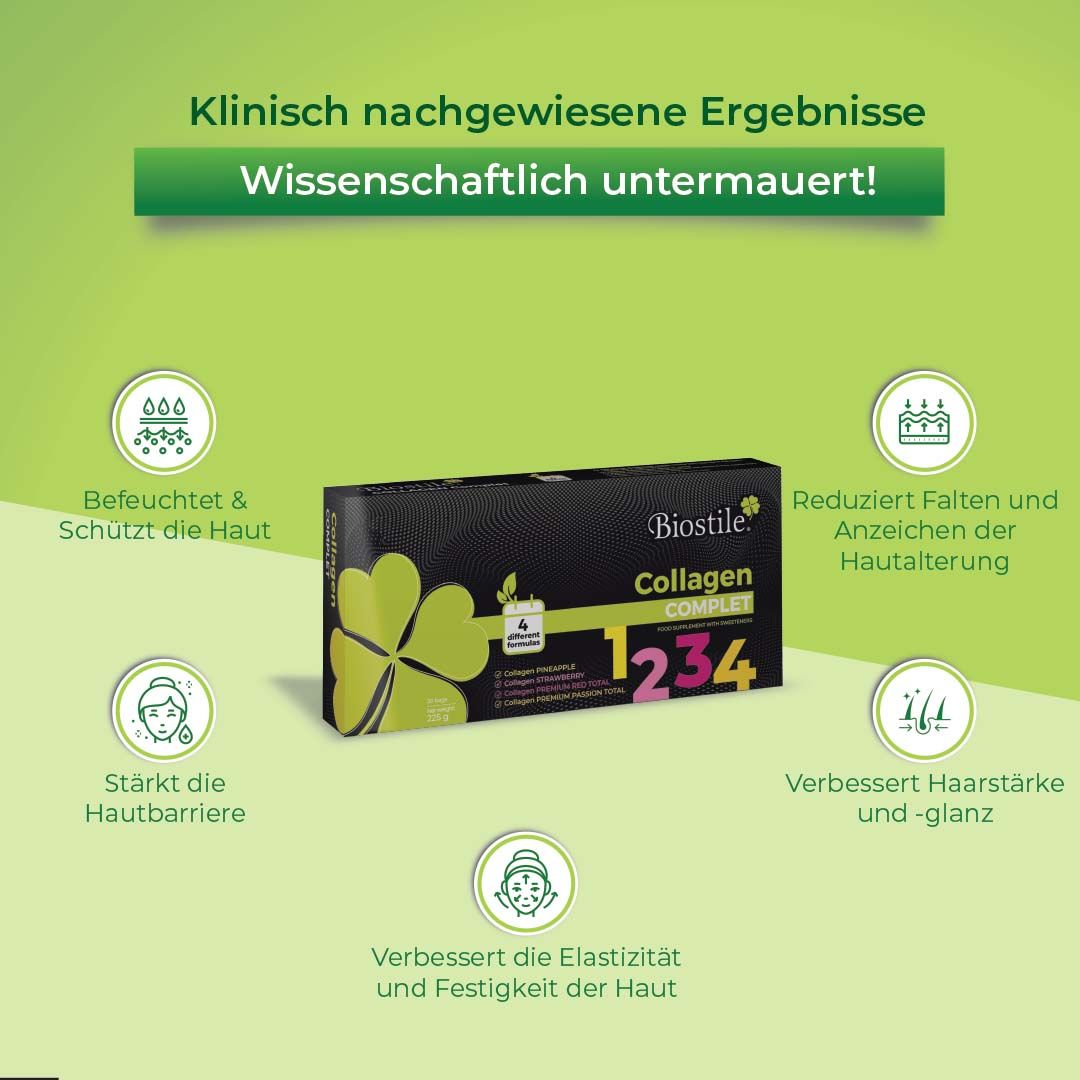 Biostile Collagen Komplett Packung mit Icons für Haut und Haar.