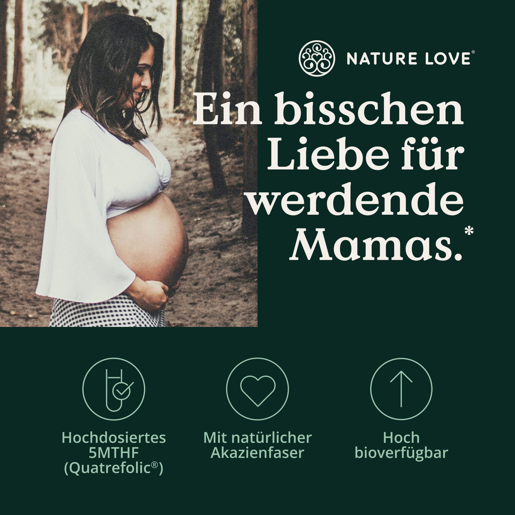 Schwangere Frau hält ihren Bauch. "Ein bisschen Liebe für werdende Mamas."