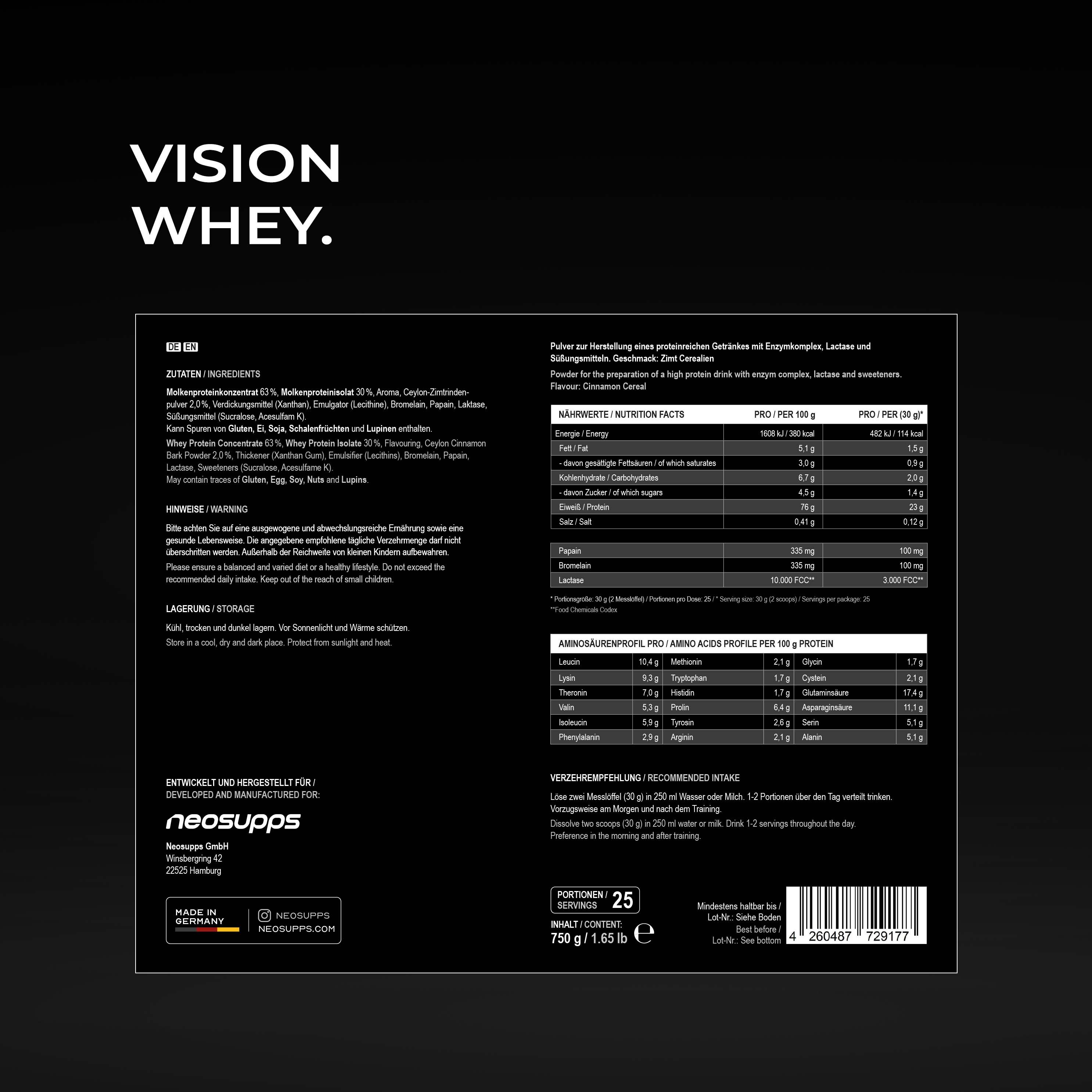Rückseite der Neosupps Vision Whey Dose mit Zutatenliste und Nährwertangaben.