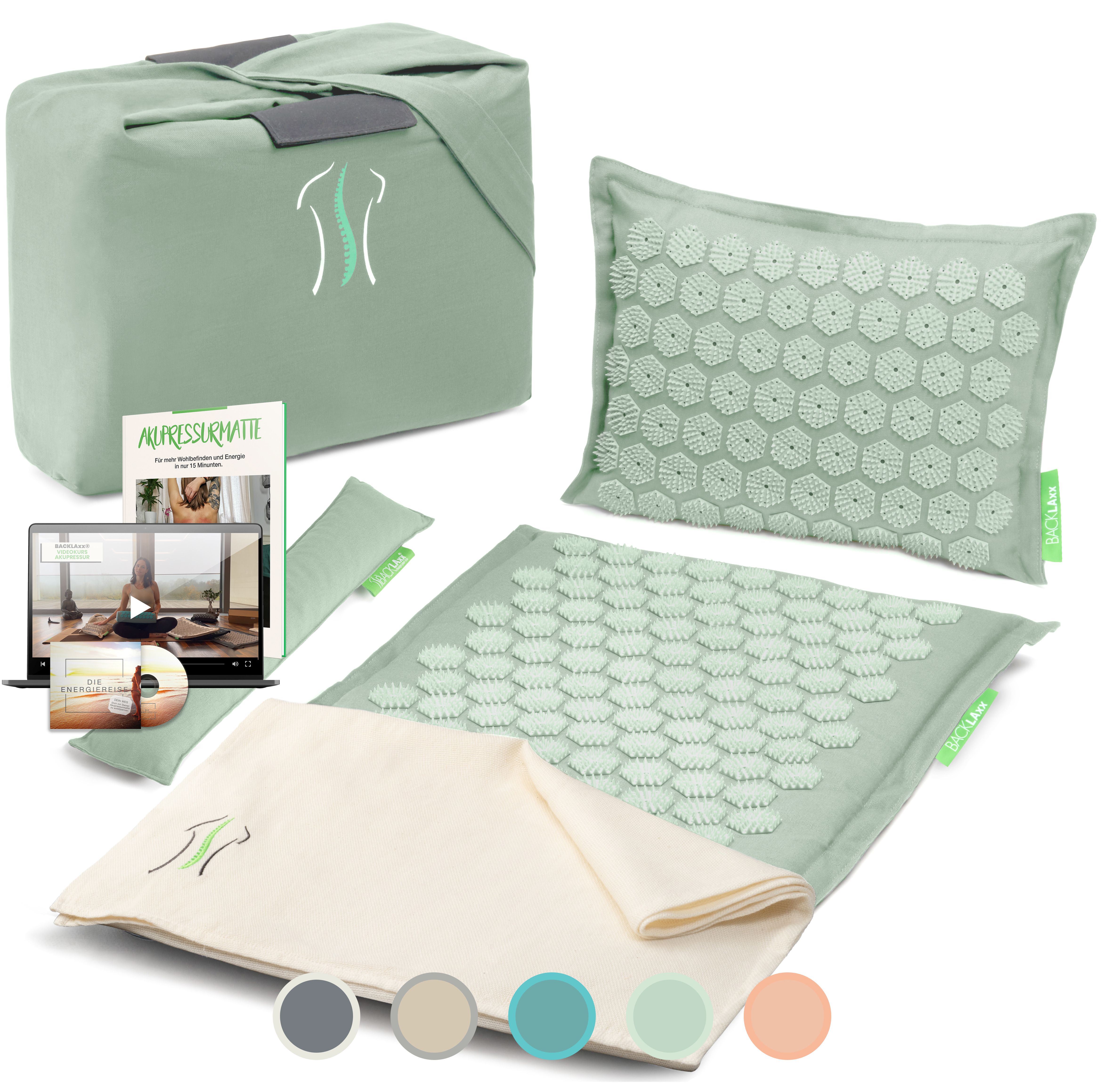 Produkt-Set mit Matte, Kissen, Tasche, Handtuch, E-Book. Verschiedene Farben. Marke: BACKLAxx.