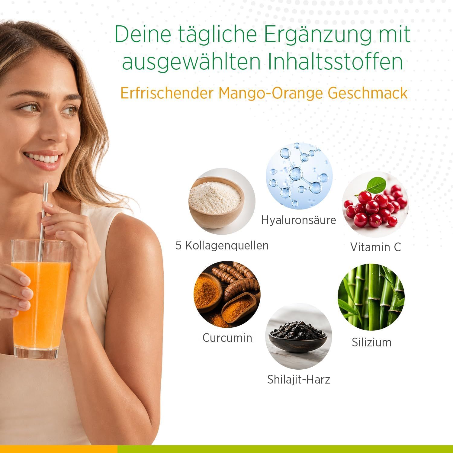 Frau trinkt ein Getränk, Zutaten: Hyaluronsäure, 5 Kollagenquellen, Vitamin C, Curcumin, Silizium, Shilajit-Harz.