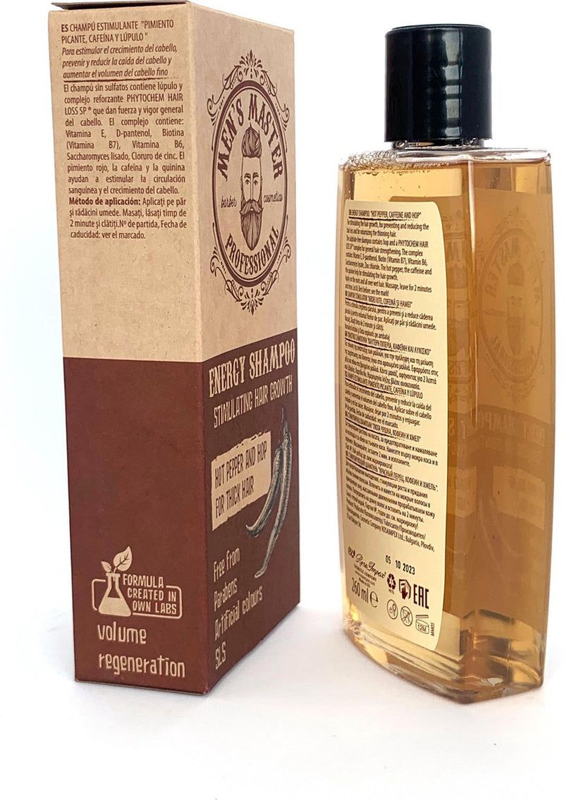 Shampoo-Flasche und Karton. Aufschrift: Men's Master Professional Energy Shampoo. Enthält Chili und Hopfen. Frei von Parabenen, künstlichen Farbstoffen, SLS. Rückseite mit Text.