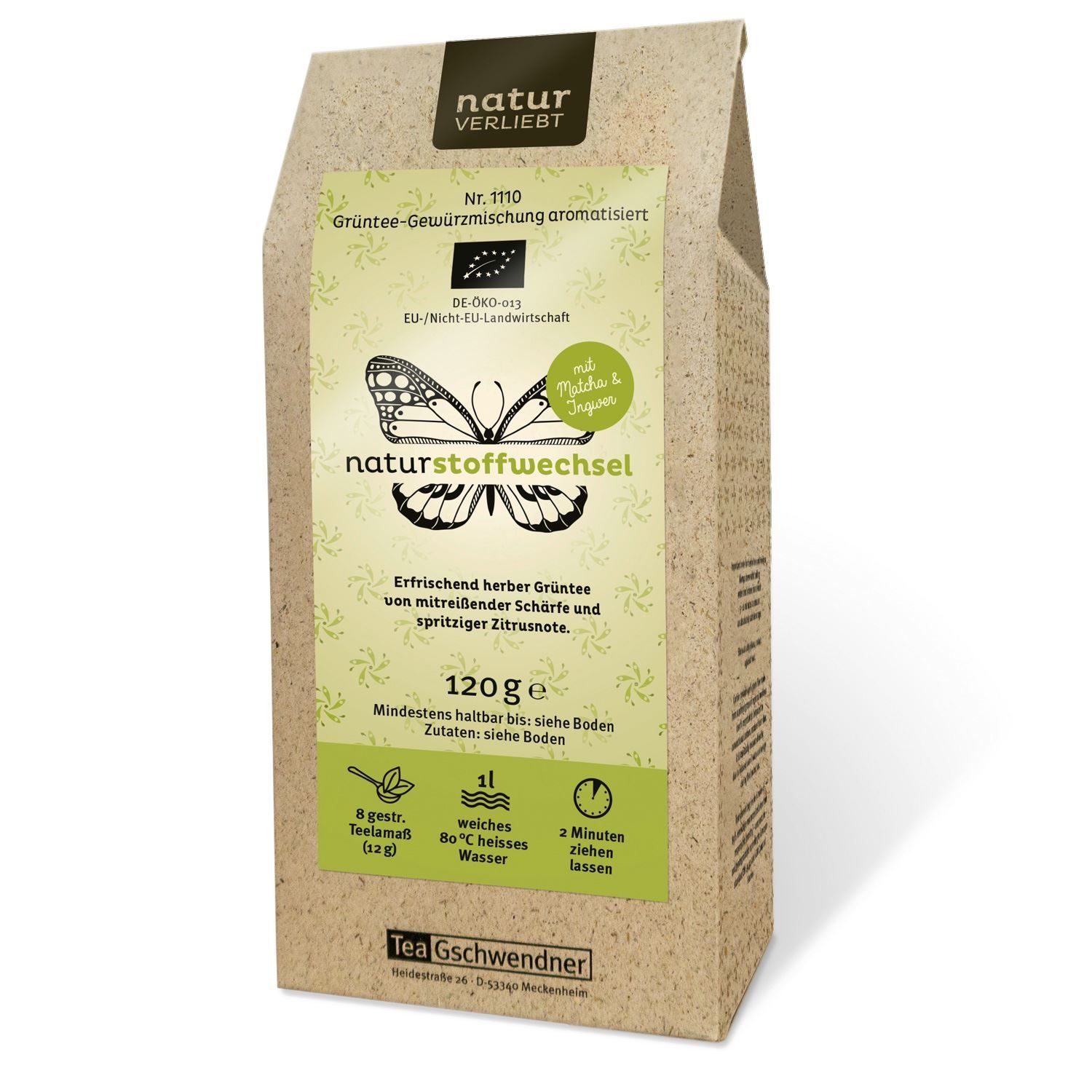 Braune Papiertüte mit Aufdruck. Text: naturstoffwechsel, DE-ÖKO, 120g, Tee Gschwendner.