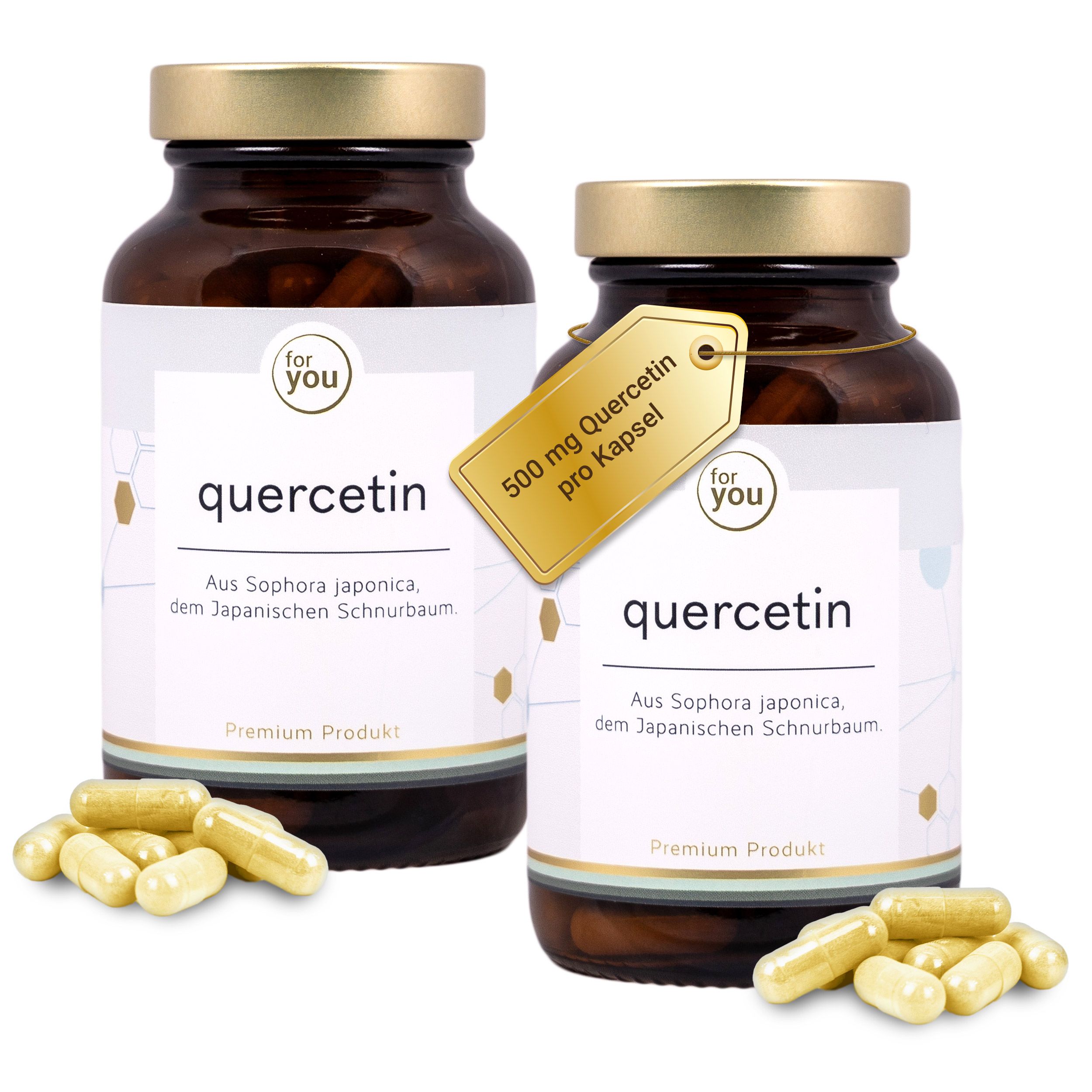 Zwei Flaschen Quercetin-Kapseln, einige Kapseln liegen daneben.