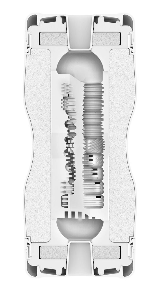 Schnitt durch ein weißes Wellness-Produkt. Innenstrukturen mit unterschiedlichen Oberflächen. Geformte Hohlräume.