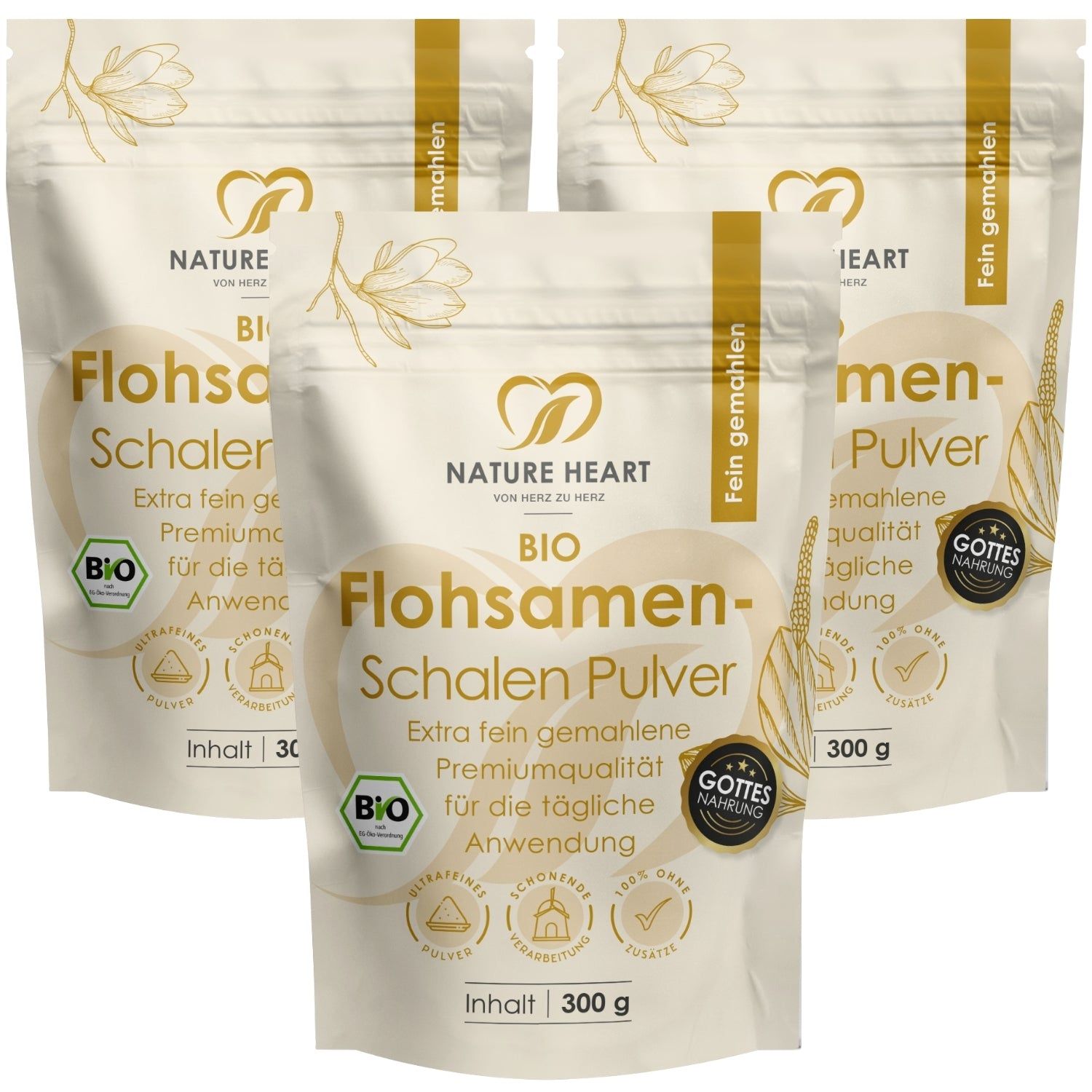 Nature Heart Flohsamenschalen BIO Pulver, 300g Packung. Fein gemahlen, Bio-Qualität.