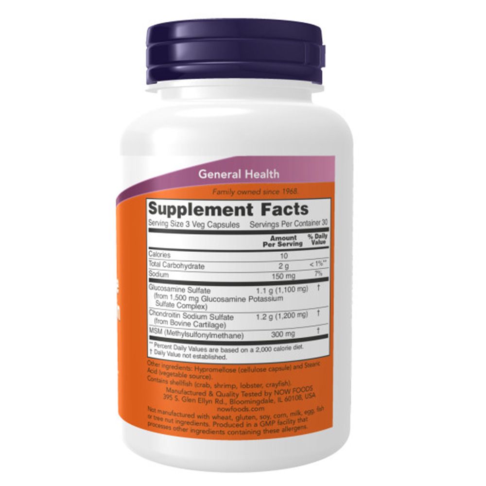 Rückseite der Flasche. Aufkleber mit Nährwertangaben. Enthält Glucosamin, Chondroitin, MSM. Inhaltsstoffe und Herstellerangaben.