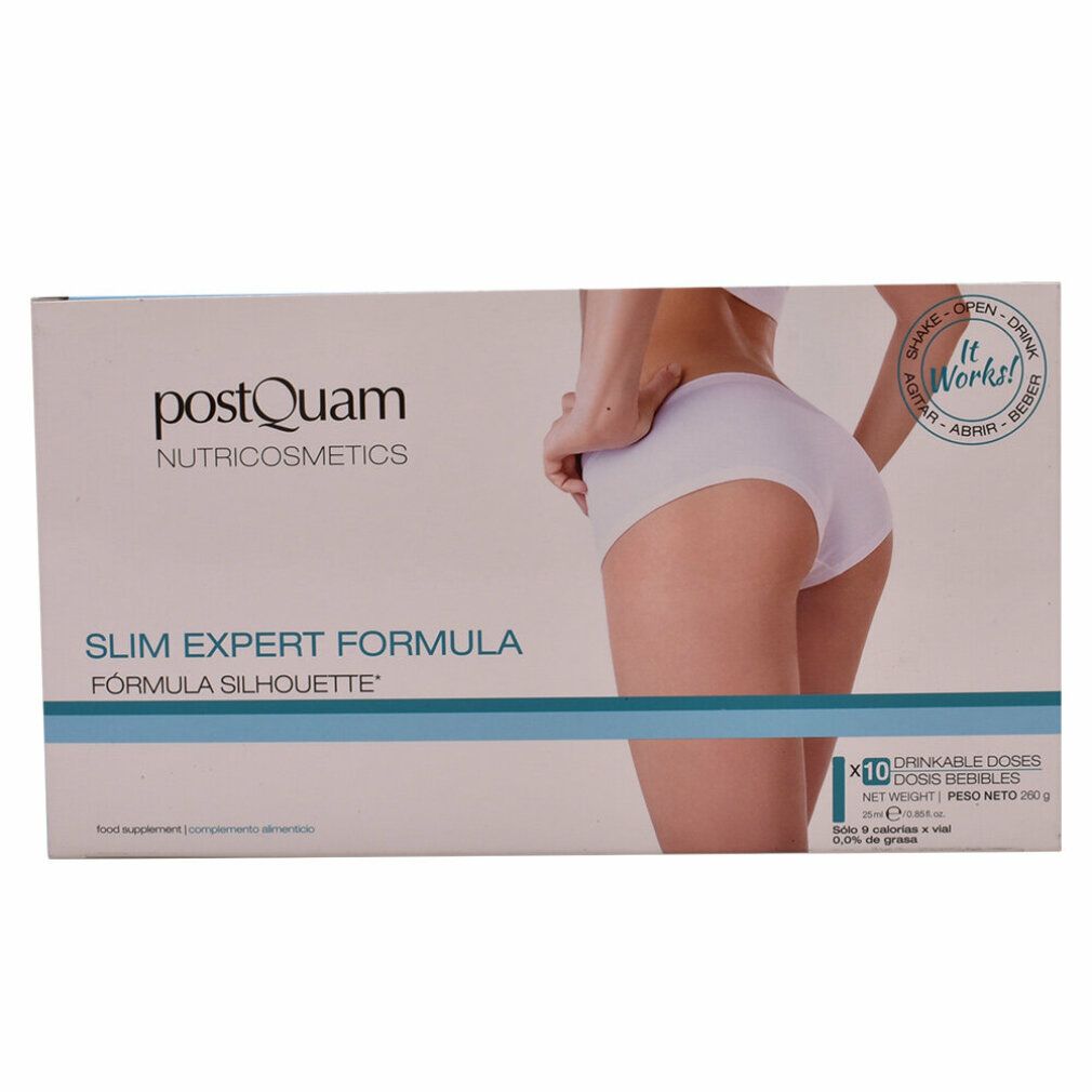 Verpackung von Postquam Slim Expert Formula Silhouette. Aufdruck mit Produktnamen, Logo und Abbildung einer Frau. Enthält 10 Trinkampullen.