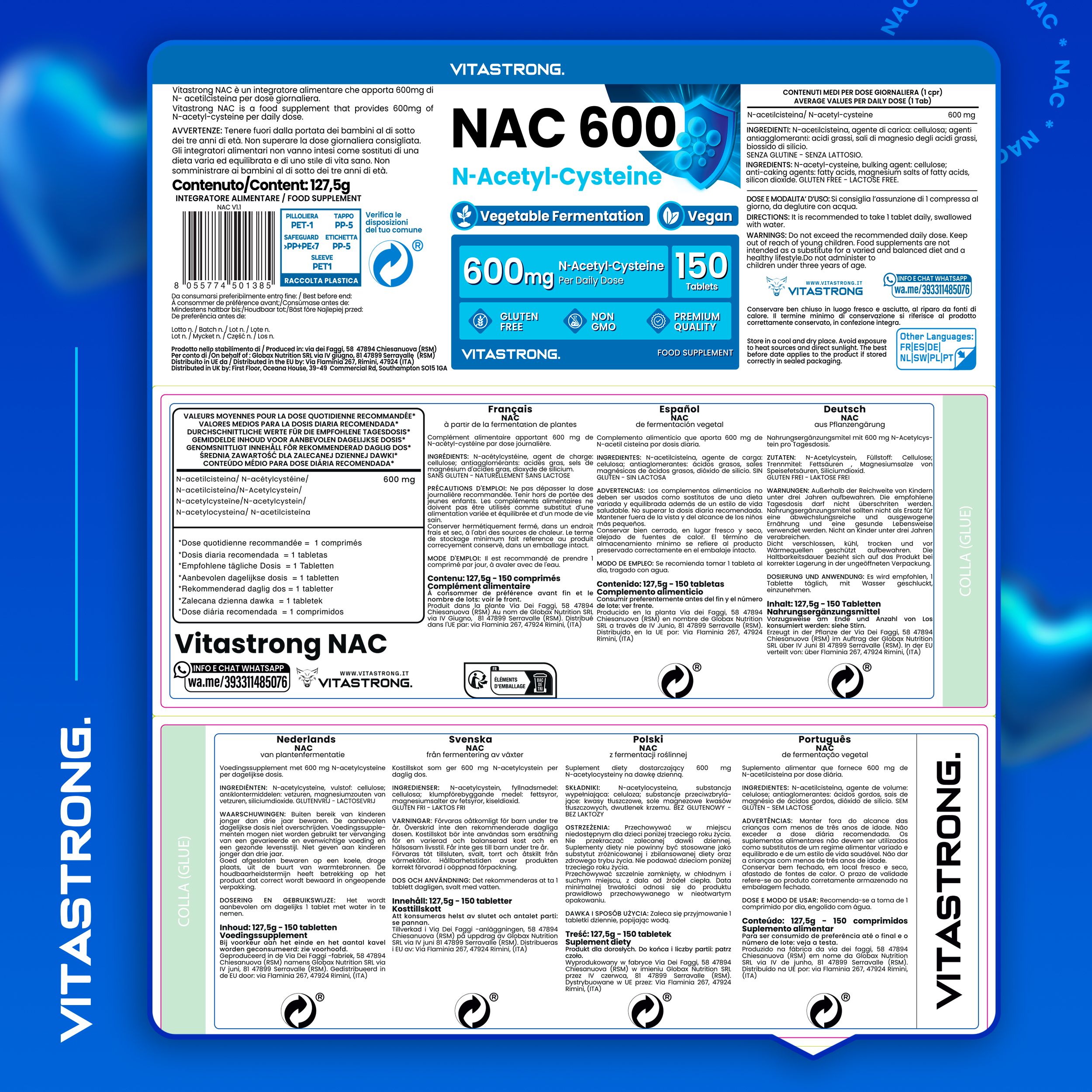 Rückseite der Vitastrong NAC-Verpackung. Text in verschiedenen Sprachen. Produktinformationen.