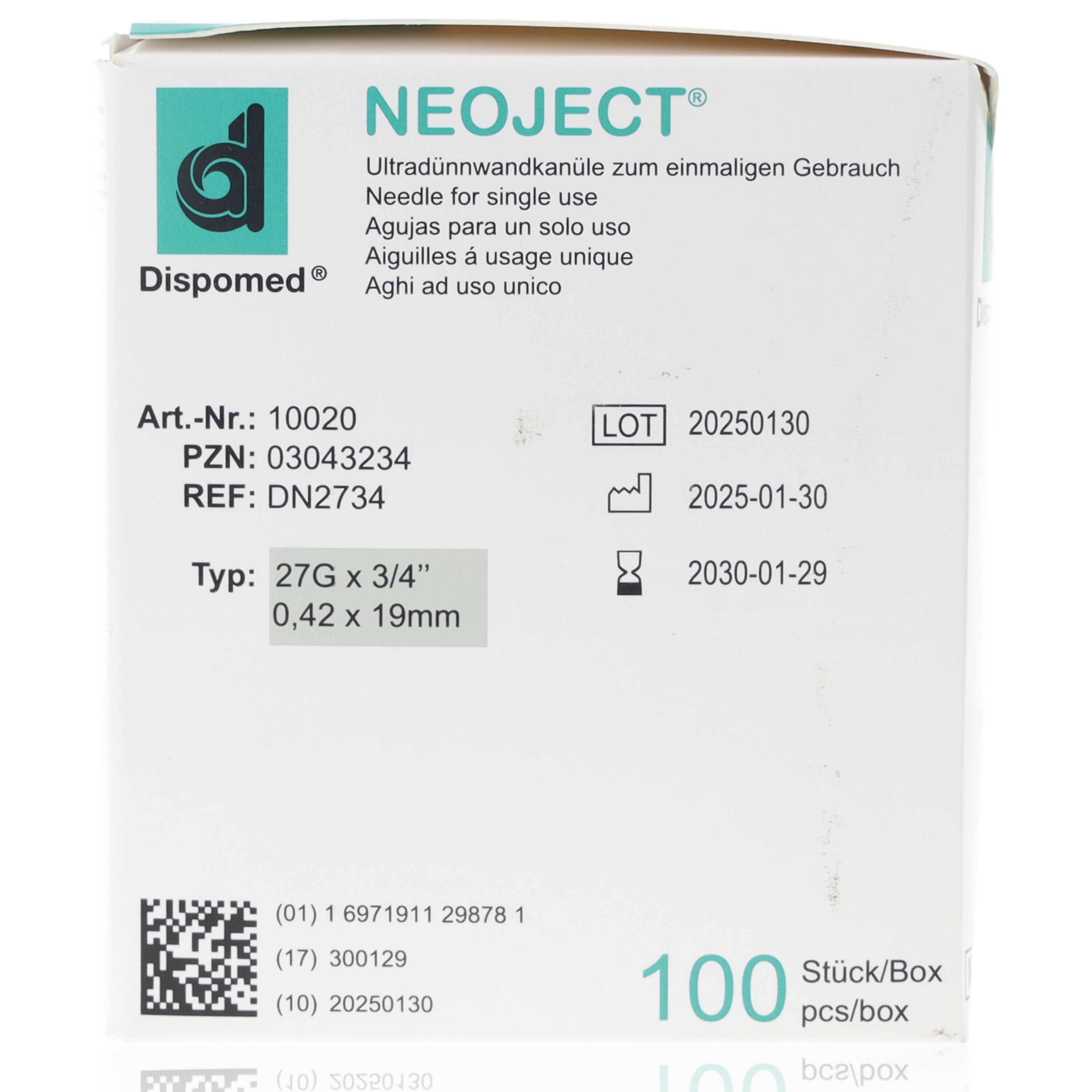 Verpackung von NEOJECT® Ultradünnwandkanülen. Aufdrucke: Art.-Nr., LOT, REF, Typ 27G x 3/4", 0,42 x 19mm, 100 Stück/Box.